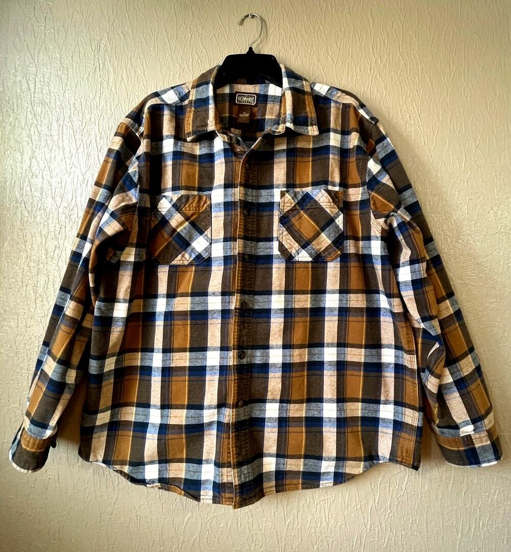 SCHMIDT Workwear Carpenter Men's Plaid Flannel Button Up Shirt Brown Cotton XL